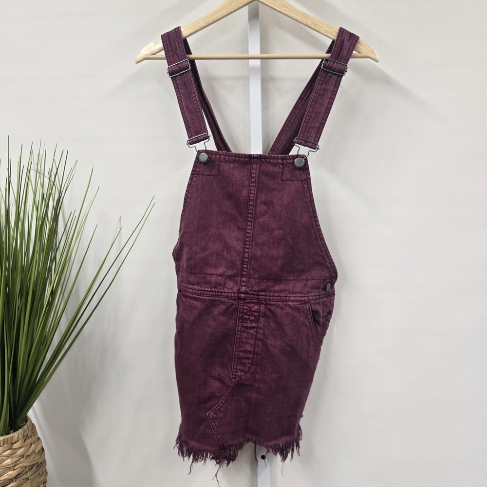 Free People Purple Denim Overall Dress Mini Skirt Distressed Raw Hem Size 0